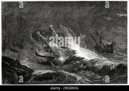 Schiffe der spanischen Armada zerstörten an der felsigen irischen Westküste, nachdem sie von Stürmen dorthin gefahren wurden, September 1588. Stockfoto