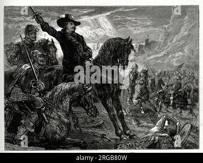 Oliver Cromwell führte die englische New Model Army gegen eine schottische Armee an, angeführt von David Leslie, 1. Lord Newark, in der Schlacht von Dunbar, Schottland, am 3. September 1650 gegen das Ende des Englischen Bürgerkriegs (1642-1651). Stockfoto