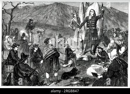 Covenanters' Gebet Meeting in the glen of Drumclog, South Lanarkshire, Schottland, vor der Schlacht von Drumclog, am Sonntag, den 1. Juni 1679, kämpfte zwischen Regierungstruppen und militanten Presbyterian Covenanters, Teil der schottischen Covenanter-Kriege. Stockfoto