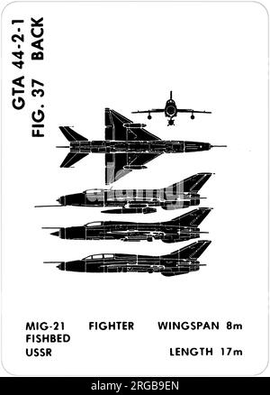 Mikoyan-Guryevich MiG-21F & MiG-21 PF (NATO-Codename: Fishbed) & MiG-21U (NATO-Codename: Mongol). Dies ist eine der Grafiktrainingshilfen (GTA), die von der US-Armee verwendet werden, um ihr Personal darin zu Schulen, freundliche und feindliche Flugzeuge zu erkennen. Dieser besondere Satz, GTA 44-2-1, wurde July1977 herausgegeben. Das Set umfasst Flugzeuge aus Kanada, Italien, Großbritannien, den USA und der UdSSR. Stockfoto