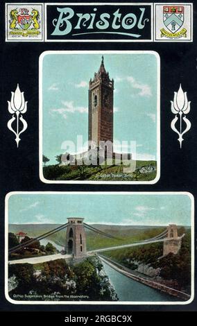 Bristol - Cabot Tower und Clifton Hängebrücke (vom Observatorium aus gesehen). Stockfoto