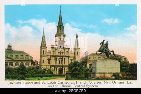 Jackson Statue und St. Louis Cathedral, French Quarter, New Orleans, Louisiana, USA, im Zentralsystem von Illinois („die Straße des Reiseluxuriöses“). Die Illinois Central Railroad (Meldezeichen IC), manchmal auch als Main Line of Mid-America bezeichnet, war eine Eisenbahn in der Mitte der Vereinigten Staaten, deren Hauptstrecken Chicago, Illinois, mit New Orleans, Louisiana und Mobile verbinden, Alabama. Stockfoto