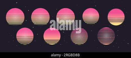 80s Retro Sunset Kollektion. Vintage-Grafiken mit Sonneneinstrahlung auf dem Meer. Sammlung von VektorSonnenuntergängen. Elemente für 80er- und 90er-Poster Stock Vektor