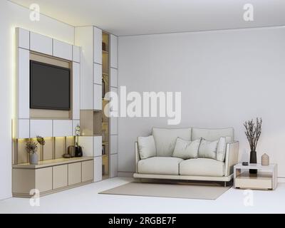 Wohnzimmerdesign, tv-Set, Sofa, Holzschrank, Wandtafel Design, Couchtisch, Zimmerpflanzen, brauner Teppich, Marmorboden, weißer Wandhintergrund Stockfoto