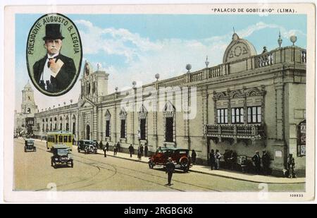 Regierungspalast, Lima, Peru, Südamerika, mit dem Bild von Präsident Augusto B. Leguia Stockfoto