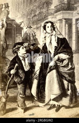 Der Crossing Sweeper, von William Powell Frith, zeigt viktorianischen Reichtum und Armut. Stockfoto