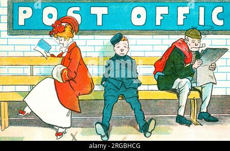 Postkartenwerbung für Shurey's Publikationen wird kostenlos mit Shurey's Magazinen geliefert. Eine Dame liest ein Buch, ein Mann raucht eine Pfeife und ein uniformierter Post Boy dazwischen. Stockfoto
