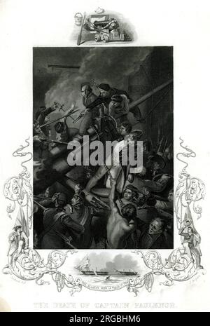 Der Tod von Captain Faulknor, vor Pointe a Pitre, Guadeloupe, 5. Januar 1795. Unten sehen Sie eine Vignette der Blanche mit La Pique im Schlepptau. Stockfoto