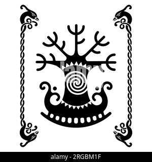 Viking-Design. Weltbaum aus der skandinavischen Mythologie - Yggdrasil und keltisches Muster. Gemalt im altnordisch-keltischen Stil Stock Vektor