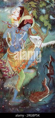 Krishna spielt Flöte, Gemälde von Ranada Ukil Stockfoto