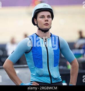 Glasgow, Großbritannien. 08. Aug. 2023. Belgische Lotte Kopecky vor dem Women Elite Points Race bei der UCI World Championships Cycling in Glasgow, Schottland, Dienstag, den 08. August 2023. UCI organisiert die Welten mit allen Disziplinen des Radfahrens, des Straßenrades, des Indoor-Radfahrens, des Mountainbikes, des BMX-Rennens, Para-Cycling und Indoor-Para-Cycling in Glasgow vom 03. bis 13. August. BELGA FOTO DAVID PINTENS Kredit: Belga News Agency/Alamy Live News Stockfoto