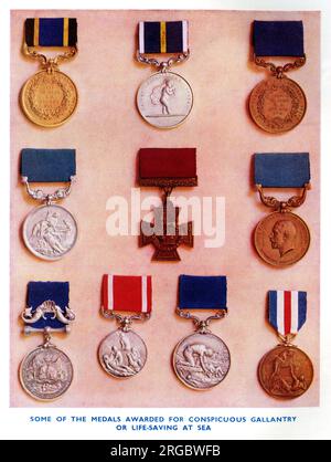 Medaillen für Gallantry oder Life-Saving at Sea – Top Row (L-R) Stanhope Goldmedaille, die von der Royal Humane Society für die tapferste lebensrettende Tat des Jahres verliehen wurde, Silber und Bronze (auch RHS) für Rettung oder Versuch, vor dem Ertrinken zu retten; Mittlere Reihe (Mitte) Victoria Cross mit Silber- und Bronzemedaillen der RNLI auf beiden Seiten; Silbermedaille der Schiffswrack-Fischer und der Mariners' Royal Benevolent Society in der unteren Reihe (L-R), Silbermedaille des Handelsausschusses, Silbermedaille der Liverpool Shipwreck and Humane Society und Bronzemedaille von Lloyd's. Stockfoto