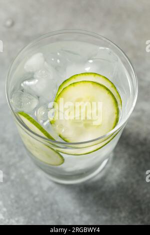Kaltes, klares, erfrischendes Gurkenwasser mit Eis Stockfoto