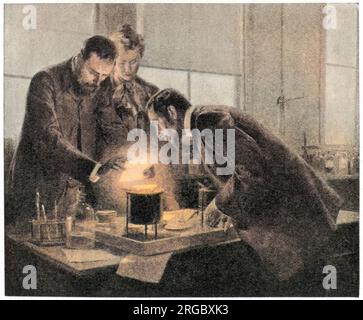 Marie und Pierre Curie in ihrem Labor, Paris Stockfoto