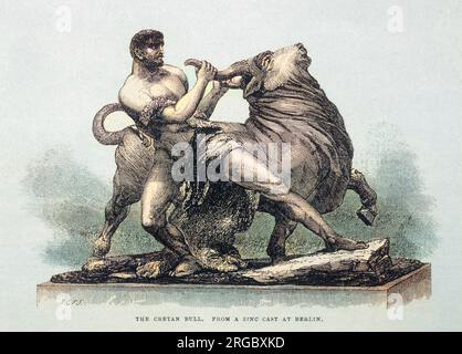 Herkules fängt den kretischen Stier, der König Minos von Poseidon gegeben wurde. (Der Minotaurus war der Nachwuchs der Frau von König Minos und dem kretischen Stier, den sie so bewunderte). Stockfoto