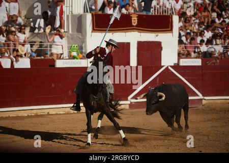 Estella, Spanien. 07. Aug. 2023. Guillermo Hermoso de Mendoza, auf dem Rücken seines Lusitanischen Pferdes, während des Stierkampfs. Stierkampf auf der Plaza de Estella, Navarra, mit den Rechten Pablo Hermoso de Mendoza, seinem Sohn Guillermo und dem Stierkämpfer Pedro Gutierrez "El Capea". Vier Stiere von der portugiesischen Rinderfarm Tenorio und zwei Stiere von der Rinderfarm Hermanas Azcona de Navarra. (Foto: Elsa A Bravo/SOPA Images/Sipa USA) Guthaben: SIPA USA/Alamy Live News Stockfoto