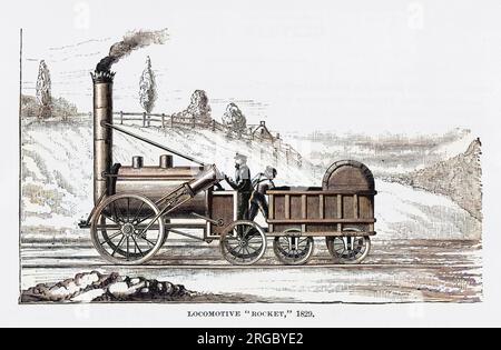 George Stephensons Lokomotive, The Rocket, die einen Preis der Liverpool and Manchester Railway Company gewann. Stockfoto