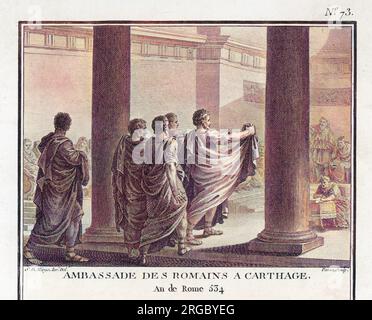 ZWEITER PUNISCHER KRIEG : die römischen Botschafter bieten den Karthaginern die Wahl zwischen Frieden und Krieg -- sie wählen Krieg! Stockfoto