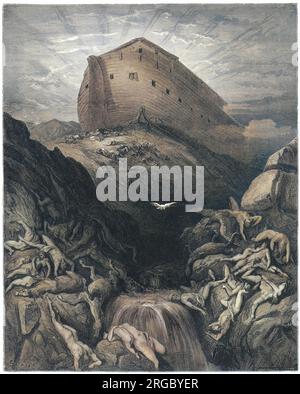 Altes Testament -- Noahs Arche, die nach der Sintflut auf dem Berg Ararat ruht, mit Leichen von Ertrunkenen, die die Landschaft verstreuen. Stockfoto