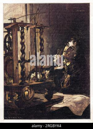 Christiaan Huygens (1629-1695), niederländischer Mathematiker und Wissenschaftler arbeiten an seiner Erfindung der ersten Pendeluhr. Stockfoto