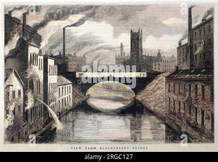 Industrial Manchester, der den Irwell River von der Blackfriars Bridge zeigt. Stockfoto