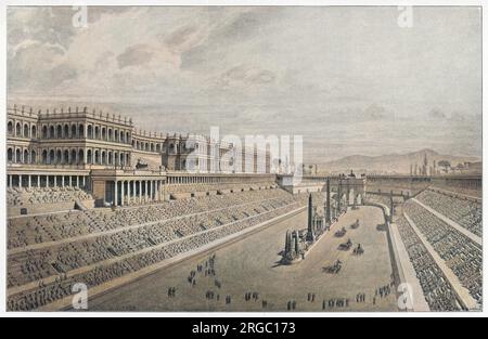 Restauration des Circus Maximus in seiner Blütezeit durch Canina : ein Wagenrennen findet statt und die Pisten sind von Zuschauern übersät. Der Kaiserpalast befindet sich auf der linken Seite. Stockfoto