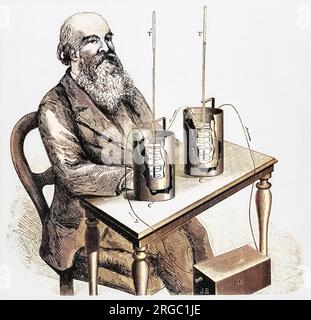 James Prescott Joule, englischer Physiker, misst die Geschwindigkeit, mit der Wärme durch einen elektrischen Strom erzeugt wird. Das Joule, eine Arbeits- oder Energieeinheit, wird nach ihm benannt. Stockfoto