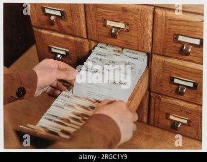 Kartenindex, der die Verwendung des Dewey Decimal Classification System zeigt, das am häufigsten verwendete Bibliotheksklassifizierungssystem, entwickelt von Melvil Dewey in den 1870er Jahren Stockfoto