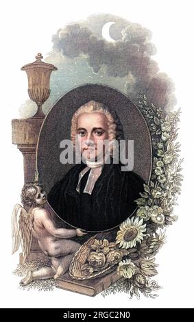 JAMES HERVEY, englischer Kirchenmann und Schriftsteller, sehr beliebt zu seiner Zeit. Mit Amor und Zierflora dargestellt. Stockfoto