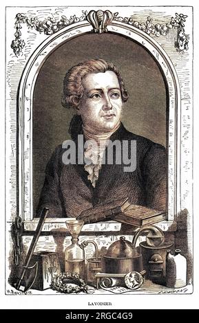 ANTOINE-LAURENT LAVOISIER, französischer Chemiker, dargestellt mit verschiedenen wissenschaftlichen Apparaten. Stockfoto