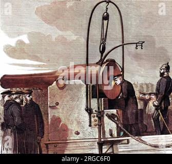 Graf von Moltke, der preußische Kommandant während des französisch-preußischen Krieges, schleicht in eine der massiven Waffen, die Paris angreifen, das er bald besetzen wird. Stockfoto