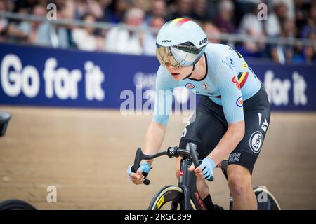 Glasgow, Großbritannien. 08. Aug. 2023. Belgische Lotte Kopecky in Aktion während des Women Elite Points Race bei der UCI World Championships Cycling, in Glasgow, Schottland, Dienstag, 08. August 2023. UCI organisiert die Welten mit allen Disziplinen des Radfahrens, des Straßenrades, des Indoor-Radfahrens, des Mountainbikes, des BMX-Rennens, Para-Cycling und Indoor-Para-Cycling in Glasgow vom 03. bis 13. August. BELGA FOTO DAVID PINTENS Kredit: Belga News Agency/Alamy Live News Stockfoto