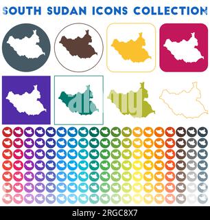 Südsudan Icons Sammlung. Bunte, trendige Kartensymbole. Modernes Südsudan-Abzeichen mit Landkarte. Vektorabbildung. Stock Vektor