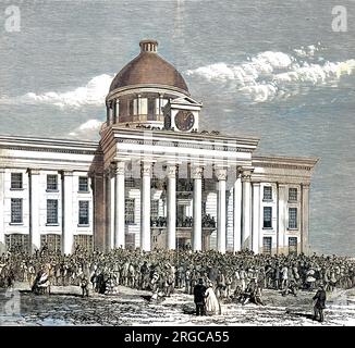 Die Szene aus dem Gerichtsgebäude von Richmond, Virginia, als Jefferson Davis zum Präsidenten der Konföderierten Staaten eingeweiht wurde. Stockfoto