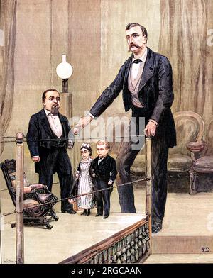 General Tom Thumb', richtiger Name Charles Sherwood Stratton (1838-1883), Lucia Zarate (1864-1890), „General Mite“, richtiger Name Francis Joseph Flynn (B.1864) und Frank Uffner, abgebildet in der Piccadilly Hall, London, 1880. Uffner war der Promoter, der damals Zarate und Flynn der britischen Öffentlichkeit ausstellte. „General Tom Thumb“ war nur in diesem Bild enthalten, um eine Vorstellung von der relativen Größe der Zwerge zu geben. Stockfoto