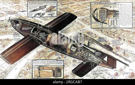 Schnittbild der deutschen V-1-Bombe oder Doodle-Bug, die die inneren Abläufe dieser Raketenbombe zeigt, die gegen Ende des Zweiten Weltkriegs eingesetzt wird. Stockfoto