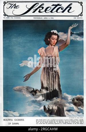 Ein fotografisches Porträt der Schauspielerin Vivien Leigh „realisiert“ in die Figur von Aurora, Göttin der Morgenröte. Angus McBean (1904-1990) begann seine Karriere im Theater mit der Herstellung von Masken und der Gestaltung von Sets. Er interessierte sich schon in jungen Jahren für Fotografie und nahm sie ab den frühen 1930er Jahren als Beruf auf, nachdem er im Kaufhaus Liberty's als Schaufensterdekorator tätig war. McBeans Werk war berühmt für seine surrealen und experimentellen Fähigkeiten, mit Arbeiten, die häufig in TheTatler und Zuschauern sowie The Sketch zwischen Mitte der 1930er und den 1950er Jahren zu sehen waren. Stockfoto