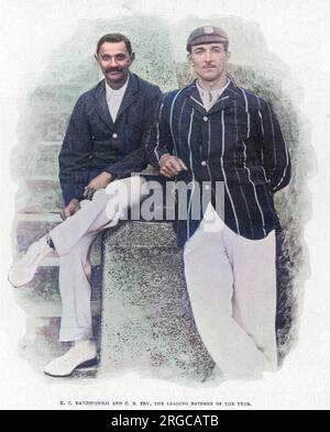 Die führenden Schlagmänner des Jahres 1901, Cricketspieler K.S. Ranjitsinhji (1872-1933) und C.B. Fry (Charles Burgess Fry 1872-1956). Stockfoto