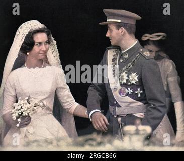 Die Hochzeit in Athen von Prinzessin Sophia von Griechenland, heute Königin Sofia von Spanien (geboren 1938), und Infante Juan Carlos von Spanien, heute König Juan Carlos I. von Spanien (geboren 1938) am 14. Mai 1962. Stockfoto