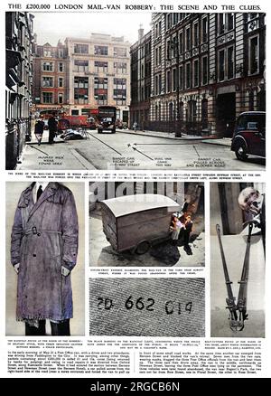 Eine Seite der illustrierten London News, die den Raubüberfall auf die Eastcastle Street von 1952 beschreibt, als ein Postfiliale-Van entführt wurde und sein Inhalt, œ200,000 in verschmutzten Scheinen, gestohlen wurde. Der Tatort, der gestohlene Postwagen, die Bolzenschneider und der Regenmantel, die am Tatort gefunden wurden, sind detailliert. Das Verbrechen wurde nie aufgeklärt, und das Geld wurde nie wiedergefunden. Stockfoto