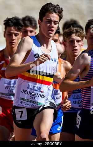 Jerusalem, Israel. 07. Aug. 2023. Der belgische Simon Jeukenne wurde während der Europameisterschaft der Leichtathletik U20 am Montag, den 07. August 2023 in Jerusalem, Israel, in Aktion gezeigt. Die Europameisterschaften finden vom 07. Bis 10. August statt. BELGA PHOTO COEN SCHILDERMAN Credit: Belga News Agency/Alamy Live News Stockfoto