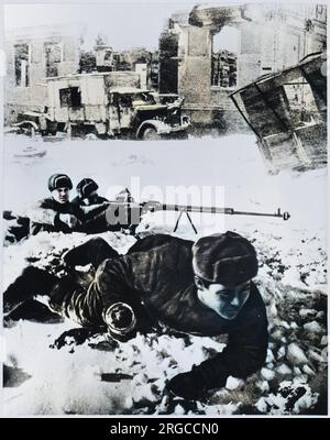 Soldis der Roten Armee warten in den Ruinen Stockfoto