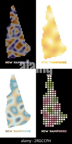 Karte von New Hampshire. Sammlung von Karten von New Hampshire im gepunkteten Stil. Die Grenzen des US-Bundesstaates sind mit Rechtecken für Ihre Konstruktion gefüllt. Stock Vektor