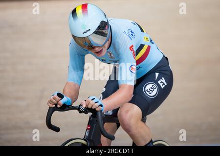 Glasgow, Großbritannien. 08. Aug. 2023. Belgische Lotte Kopecky in Aktion während des Women Elite Points Race bei der UCI World Championships Cycling, in Glasgow, Schottland, Dienstag, 08. August 2023. UCI organisiert die Welten mit allen Disziplinen des Radfahrens, des Straßenrades, des Indoor-Radfahrens, des Mountainbikes, des BMX-Rennens, Para-Cycling und Indoor-Para-Cycling in Glasgow vom 03. bis 13. August. BELGA FOTO DAVID PINTENS Kredit: Belga News Agency/Alamy Live News Stockfoto