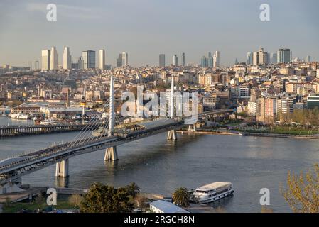 Ein Bild der Golden Horn Bridge und des Beyoglu Viertels, mit Hochhäusern des Sisli Viertels in der Ferne. Stockfoto