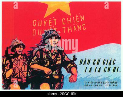 Vietnamesisches Patriotisches Poster - "entscheidende Schlacht - entscheidender Sieg" - 10. Jahrestag des großen Sieges in der Schlacht von Dien Bien Phu 1954. Stockfoto