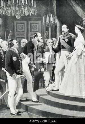 Napoleon III. Übergabe des Dekrets über die Annexion der Vororte von Paris an Baron Haussmann, für die Stadtentwicklung (16. Februar 1859). Weitere Teilnehmer sind J-B Dumas, Chemiker und Präsident des gemeinderats, General Fleury und General Rolin. Diese Version des Gemäldes enthält die Kaiserin Eugenie und sollte beeindruckender sein als die frühere Version. (2 von 2) Stockfoto