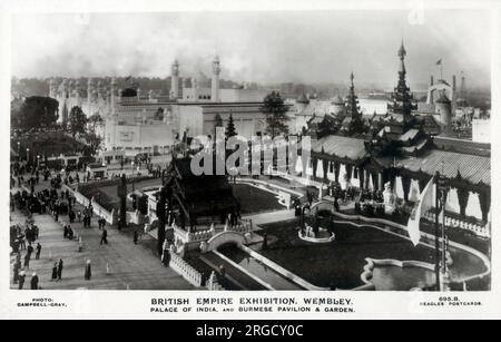 The British Empire Exhibition, eine Kolonialausstellung im Wembley Park, London, England vom 23. April bis 1. November 1924 und vom 9. Mai bis 31. Oktober 1925. Palast von Indien und der burmesische Pavillon und Garten. Stockfoto