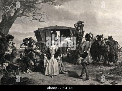 Claude Duval, Gravur nach einem Gemälde von William Powell Frith, einem französischen Straßenräuber, der einen Raub begeht. Stockfoto