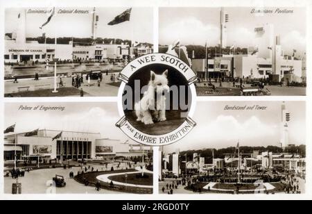 Empire Exhibition im Bellahouston Park, Glasgow, Schottland - Dominions und Colonial Avenue, Dominion Pavilions, Palace of Engineering, Bandstand und Tower. Stockfoto